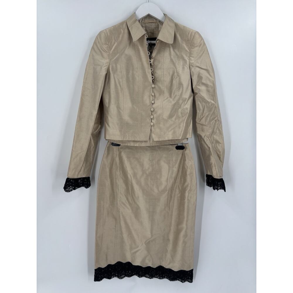 Rena Lange Y2K Skirt Set Womens 6 Beige Black Vintage Lace Trim Silk Satin 3Pc